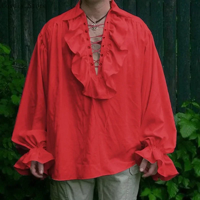 S-5XL Medieval Pirate Halloween Vampire Costume Men Ruffle Jabot Tops Gothic Shirt Lace Up Victorian Colonial Outfit For Ad MN1