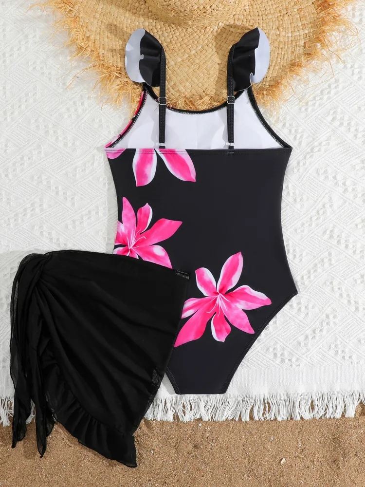 One Piece Kids Girls Swimsuit 2026 New Black Pink Flower Ruffle Sling Children Swimwear Summer Mesh Skirt Beachwear Bathing Suit