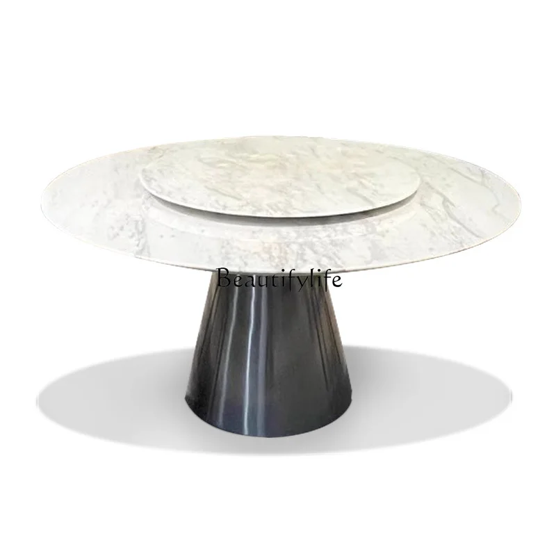 Natural marble jazz white round dining table Italian light luxury villa premium feeling with turntable