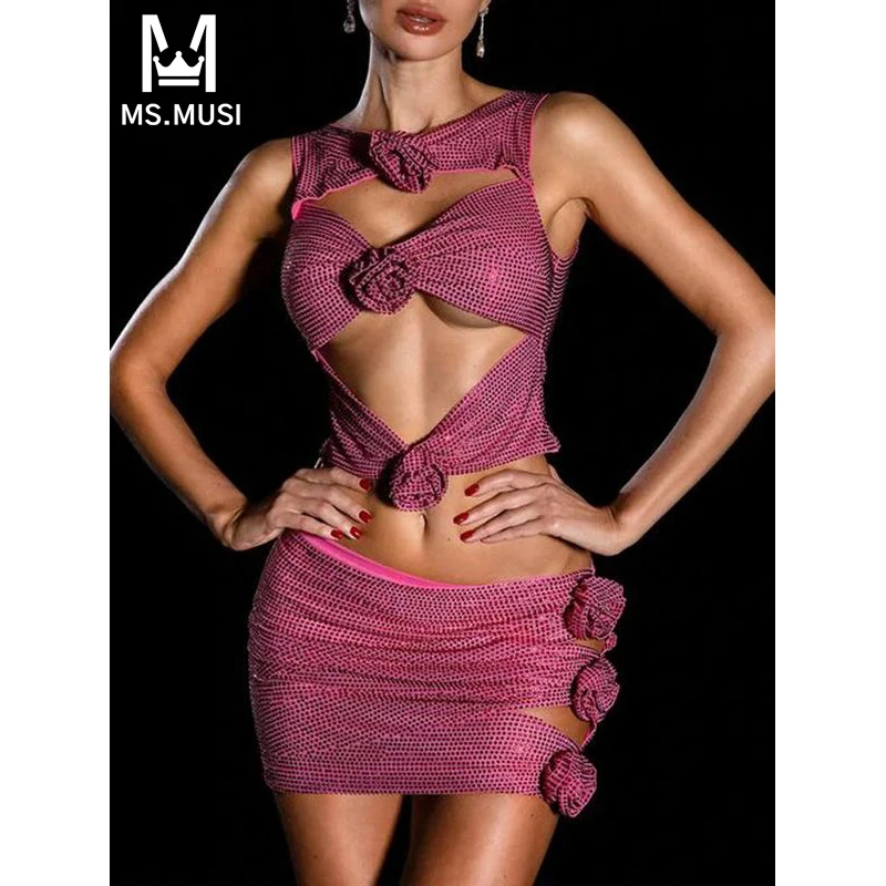 MSMUSI 2024 New Fashion Women Sexy 3D Flower Rose Diamond Hollow Out Tank Top Bodycon Mini Skirt Sleeveless 2 Piece Set Vestidos