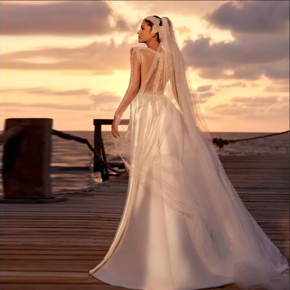 Атласные свадебные платья русалки по индивидуальному заказу с разрезом, иллюзией и бисером, свадебные платья 2023, с круглым вырезом и длинными рукавами, Vestidos De Novia