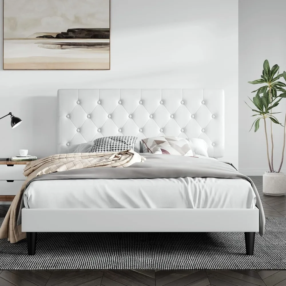 

Full Size Bed Frame with Button Tufted Headboard, Faux Leather Upholstered Mattress Foundation, Platform Bed Frame,