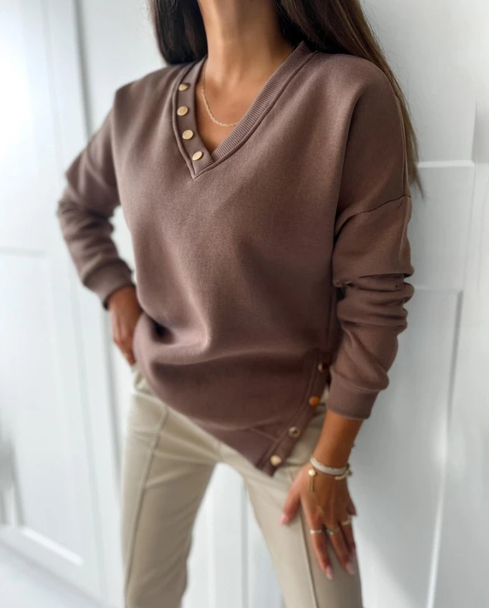 V-Neck Long Sleeve Pullover Sweatshirt Button Decor Side Slit Top