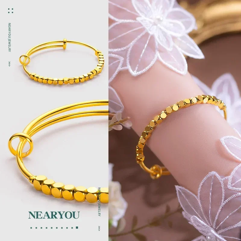 9999 Real Gold 24K Small Square Bead Push-pull Bracelet Fashion Laser Bead Small Gold Nugget Broken Bracelet Women's