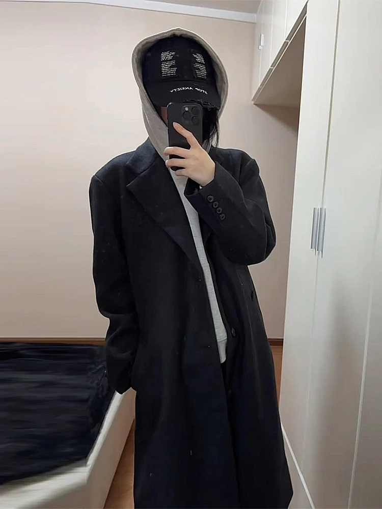 

Bla Knee-Length Woolen Coat Men's Autumn Winter Mid-Length Overcoat CleanFit Faionable Outerwear Casual Loose Fit