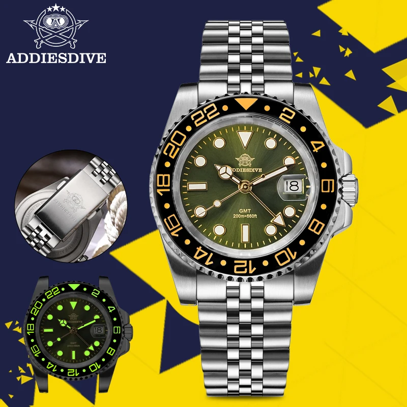 ADDIESDIVE 40mm Men's Quartz Watch Dual Time Zone GMT Wristwatch 200m Waterproof 316L Steel Ceramic Bezel Super Luminous Watches