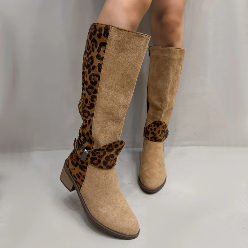 

Brown Leopard High Boots Women Boots Platform Shoes for Women Autumn Winter Sexy Mid-calf Cowboy Riding Boots Botas Mujer 2025