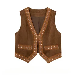 Women's Ethnic Style Embroidered Layered Sleeveless Suede Vests Jackets Autumn V-neck Sleeveless Out Wear Layered Waistcoat Tops