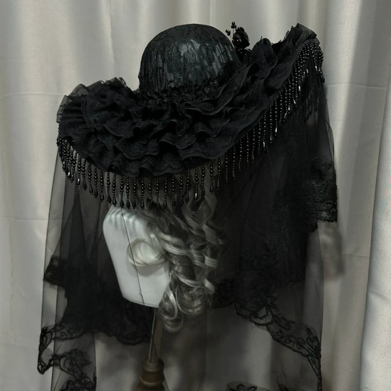 

Black Widow Hat for Holiday Gothic Lolita Headdress with Tassel Velvet Bonnet for Women Dark Witch Costume Cap for Party Decor