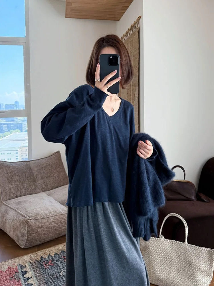 

Свободная женская базовая футболка с длинным рукавом и V-образным вырезом, однотонная, универсальная, повседневная, осенне-зимняя, хлопковая, дышащая, топ