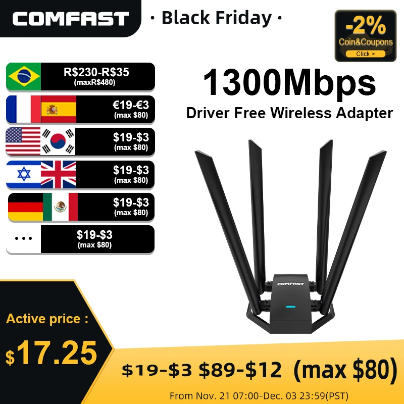 Comfast Adaptador Wi-Fi sem fio, placa de rede USB, alto ganho, 4 * 6dbi Antena, Desktop Linux, 1300Mbps, 2.4G e 5GHz