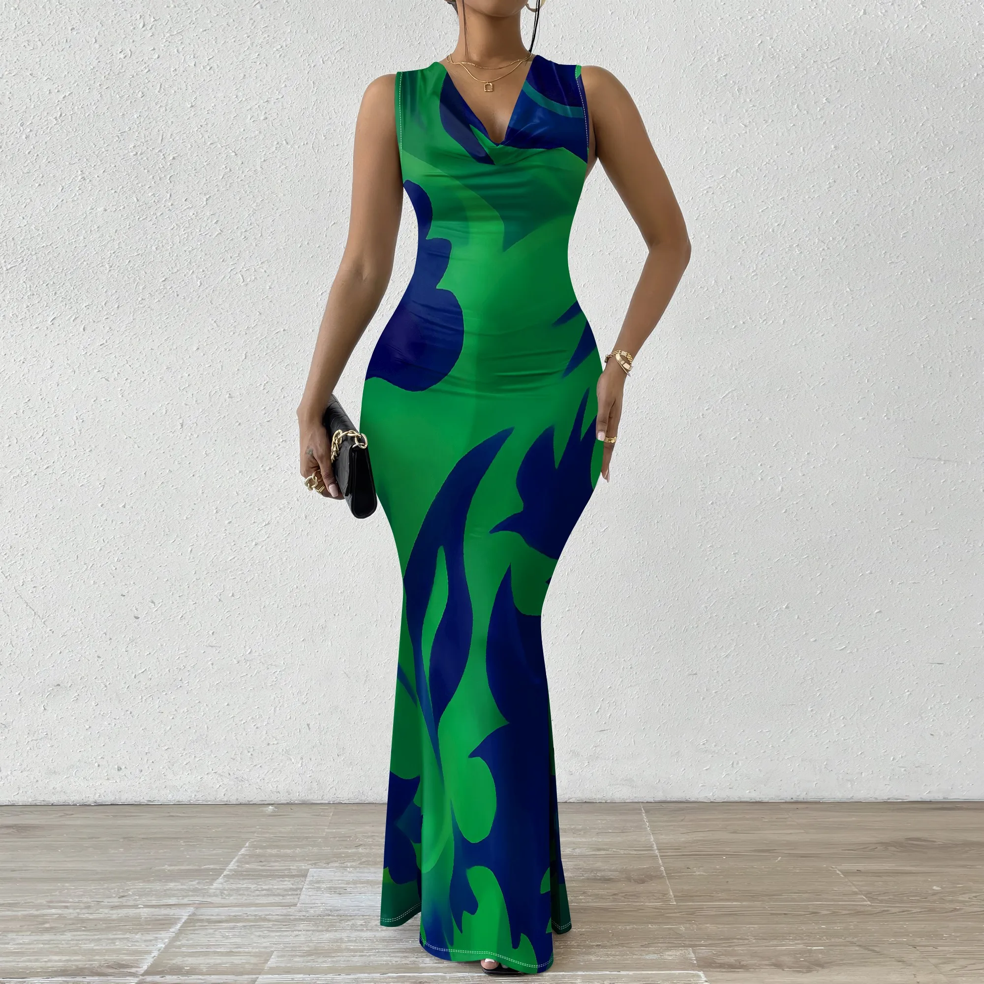 

Blue Green Abstract Leaf Print Dress XS-2XL Sleeveless Bodycon V-Neck Fishtail Style for Art Show, Beach Dinner or Summer Look