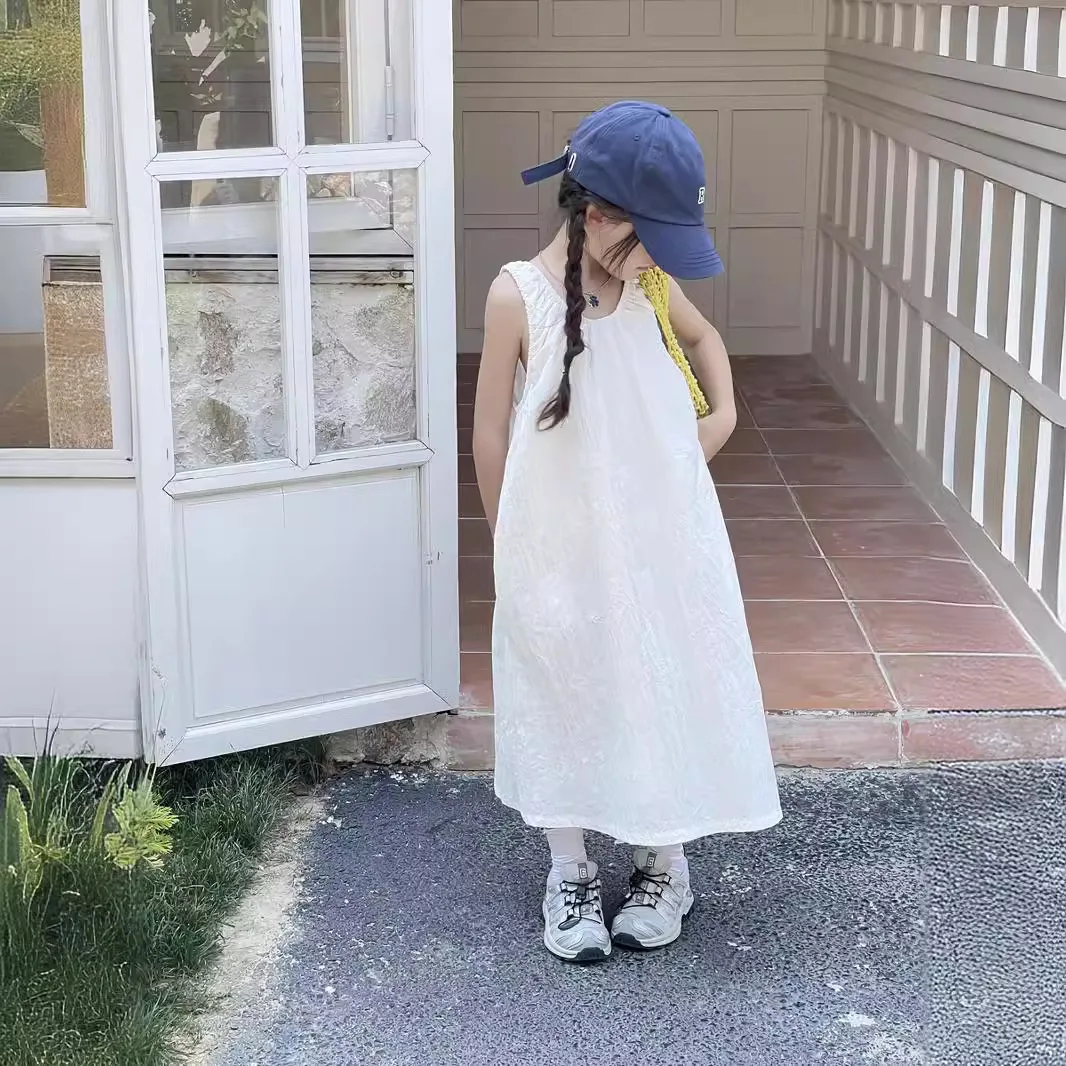 Children Clothing Girls French Style V-neck Design Sense Loose Sleeveless Dress Summer Backless Solid Color Sweet Girls Dress