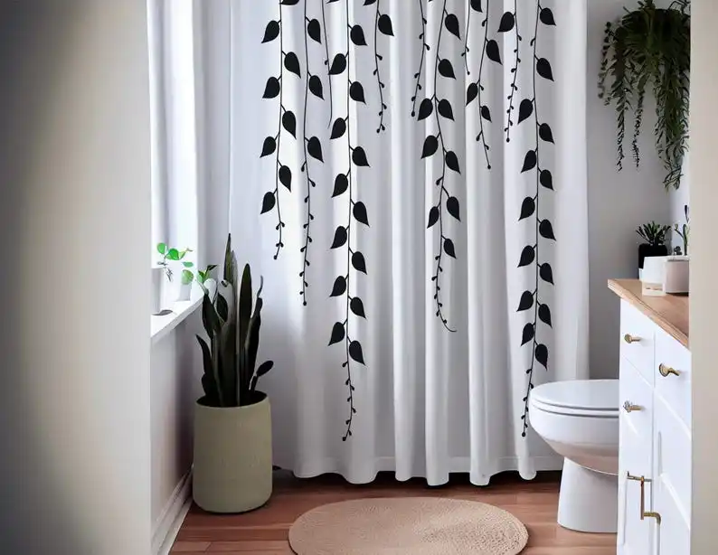 Botanical Vine Shower Curtain Black Leaves on White Minimalist Bathroom Decor Waterproof Modern Fabric Nature-Inspired Custom