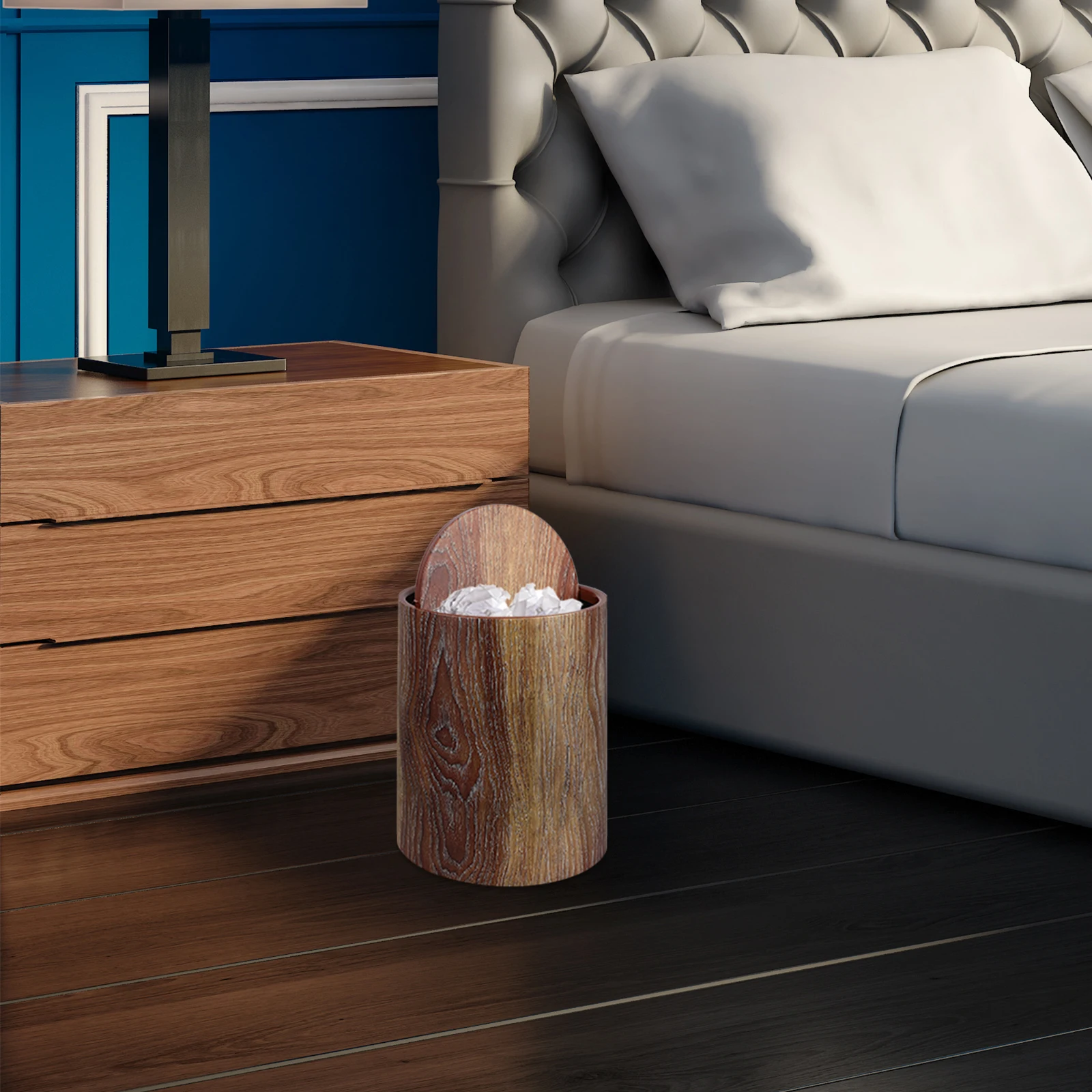 

1pcs Imitation Wood Grain Trash Can Large Capacity Swing Lid Plastic Garbage Bin For Kitchen Bathroom Office Home Use