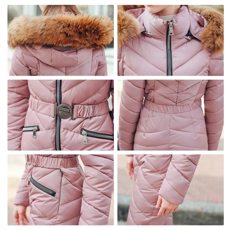 New Winter One-piece Ski Suit Down Jacket Fashion Slim Waist Thickened Warm Outdoor Sportswear Ladies Fur Collar Cotton Suit