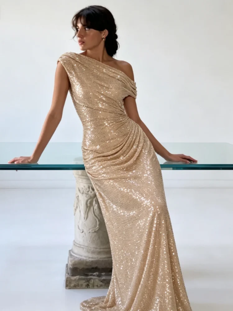 Elegant Shiny One-shoulder Bodycon Dress Sleeveless Pleated Design Customized Dresses 2025 New Collection Lady Party Prom Gowns