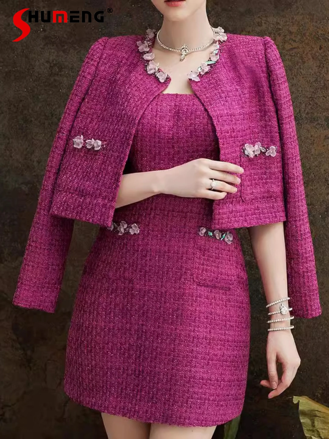 Women's 2024 Autumn Winter Small Fragrant Dress Sets Women's Light Luxury Tweed Dress Tops Rose Red Feminine Chic Two-piece Sets