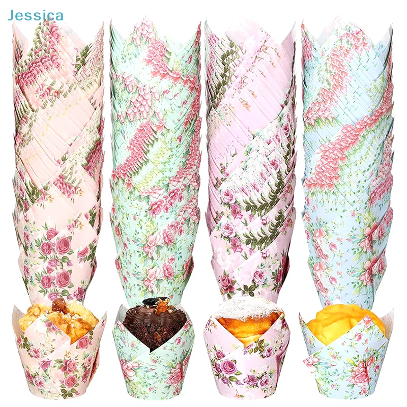 ♥Floral Tulip Cupcake Liners - 50PCS Baking Cups for Wedding & Party Desserts