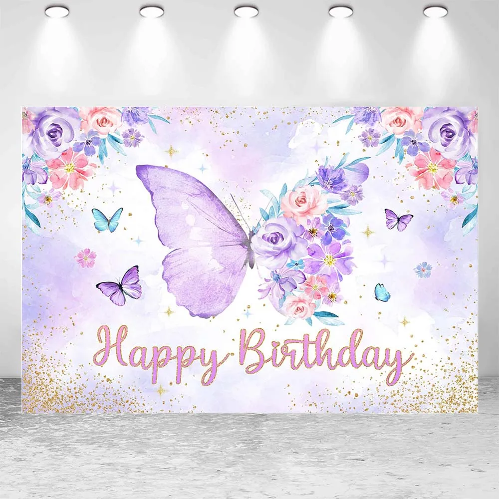 Mocsicka Kids Birthday Backdrop Purple Butterfly Flower Girl Birthday Party Decor Photo Background Banner Photocall Props Custom