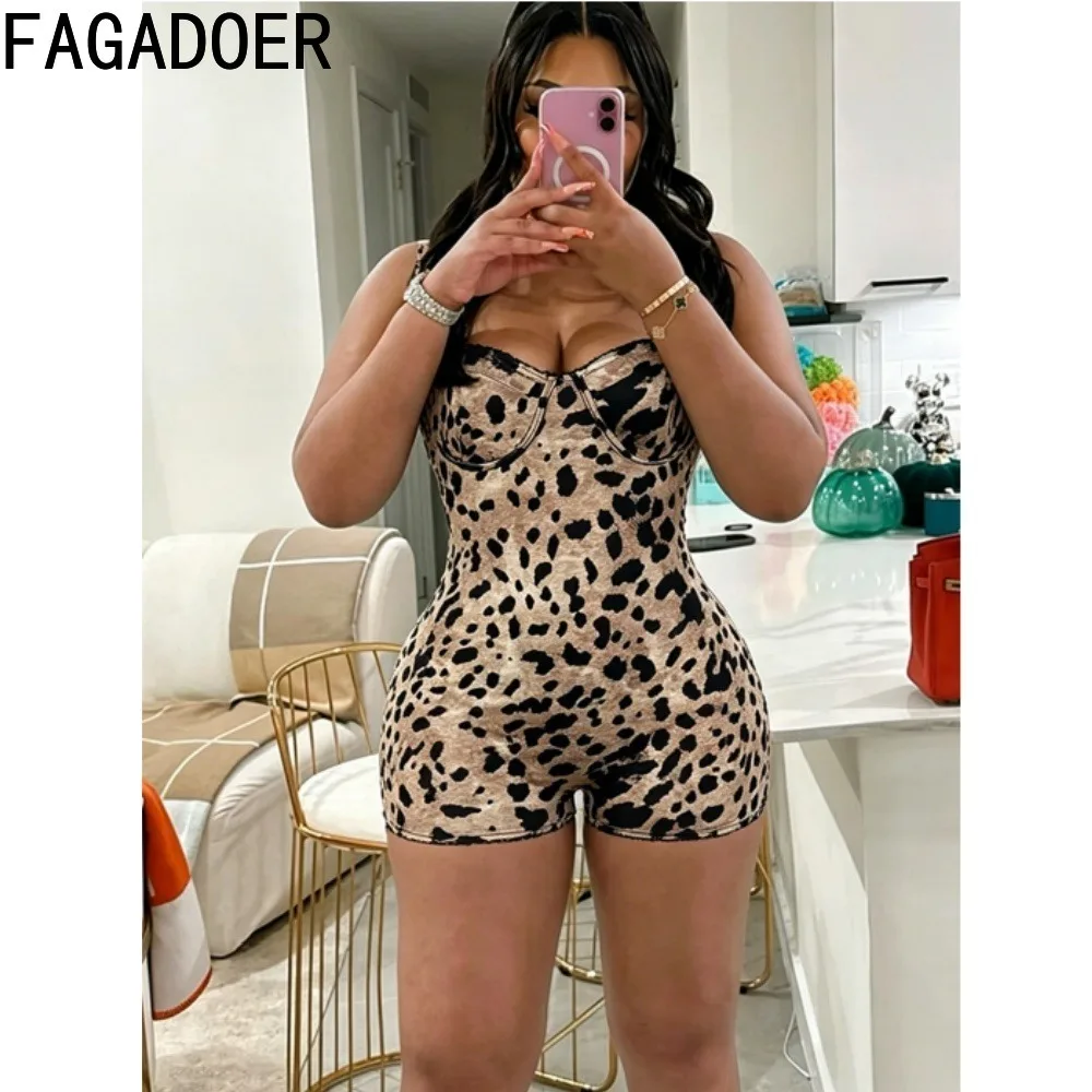 FAGADOER Women Vintage Leopard Print Bodycon Rompers Sexy Adjustable Off Shoulder Skinny Jumpsuits Streetwear Party Playsuits