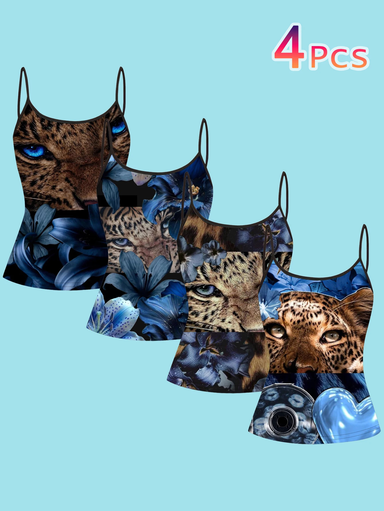 4-Piece Set of Women's Blue Leopard Head and Blue Lily Floral Print Spaghetti Strap Camisole Slim-Fit Base Layer Tops