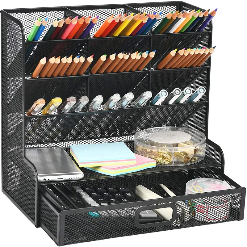 Scrivania multifunzionale in rete con portapenne portaoggetti per cassetti, per la scuola Home Office Art Supplies Storage Rack argento