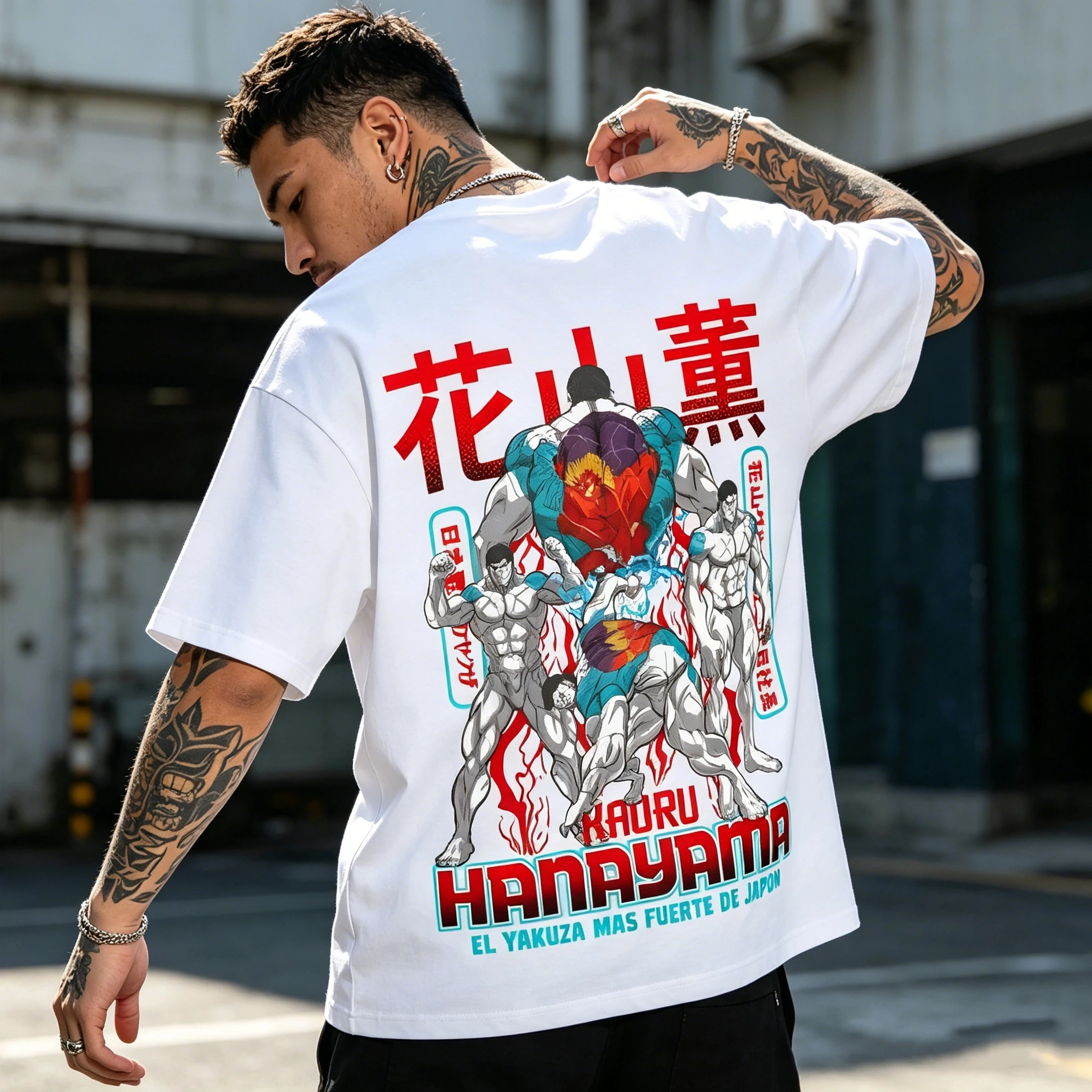 Camiseta con estampado frontal y trasero de Anime Baki Kaoru Hanayama para hombre, camiseta con gráfico de Manga Baki The Grappler, ropa de calle Harajuku de algodón