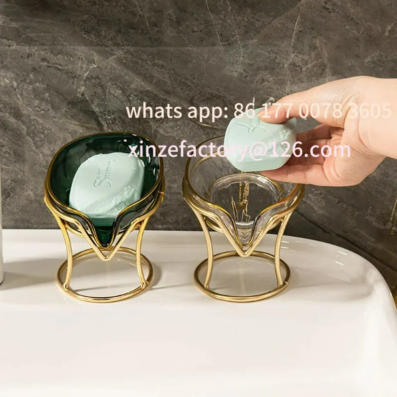

Customizable Light Luxury Soap Holder For Bathroom Leaf Shape self draining Soap dish with Metal bracket Bathroom accessories