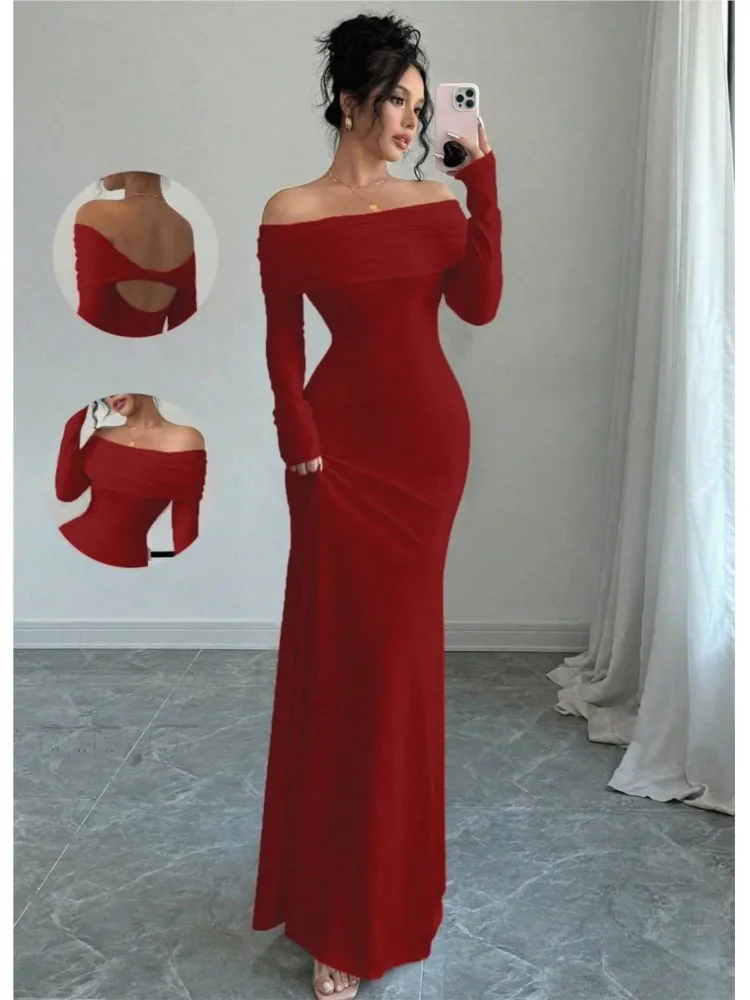 

Autumn Fashion Sexy slash neck Bodycon Dress High Quality Strapless Off the Shoulder Long Sleeves Backless Open Back Prom Dress