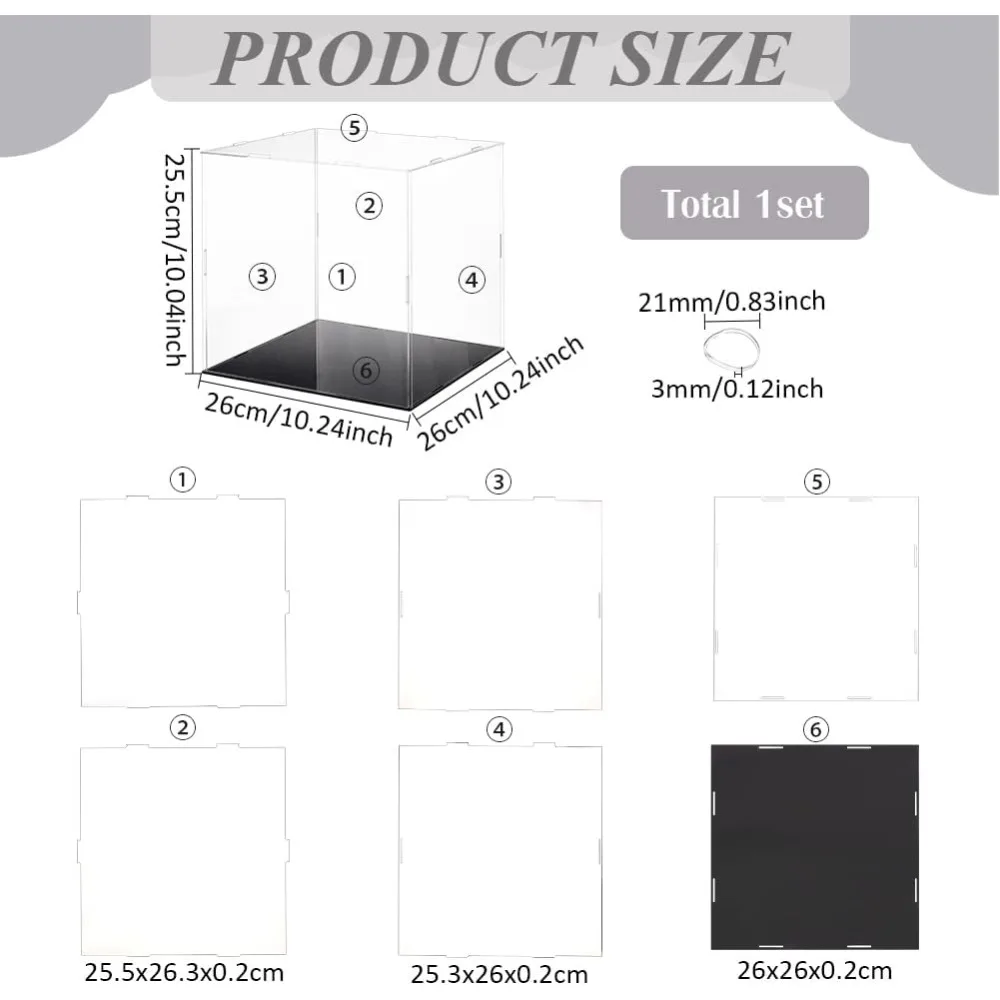 Clear Acrylic Display Case with Black Base & 4 Pcs Rubber Rings 10x10x10 Inch Cube Clear Self-Assembly Acrylic Box