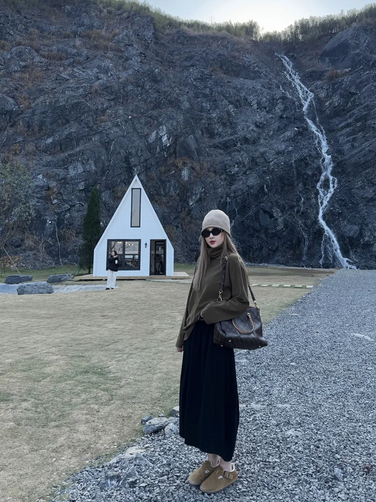 

LADYC New Simple Faion Loose Elastic High Collar Long Sve Base irt Women's Top Casual Sle Cotton Blend Winter Wear