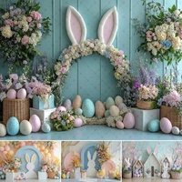 Fondo de Pascua de primavera, jardín Floral, dibujos animados, conejos, huevos, pastel de cumpleaños, decoración de retrato, fondo de fotografía para estudio