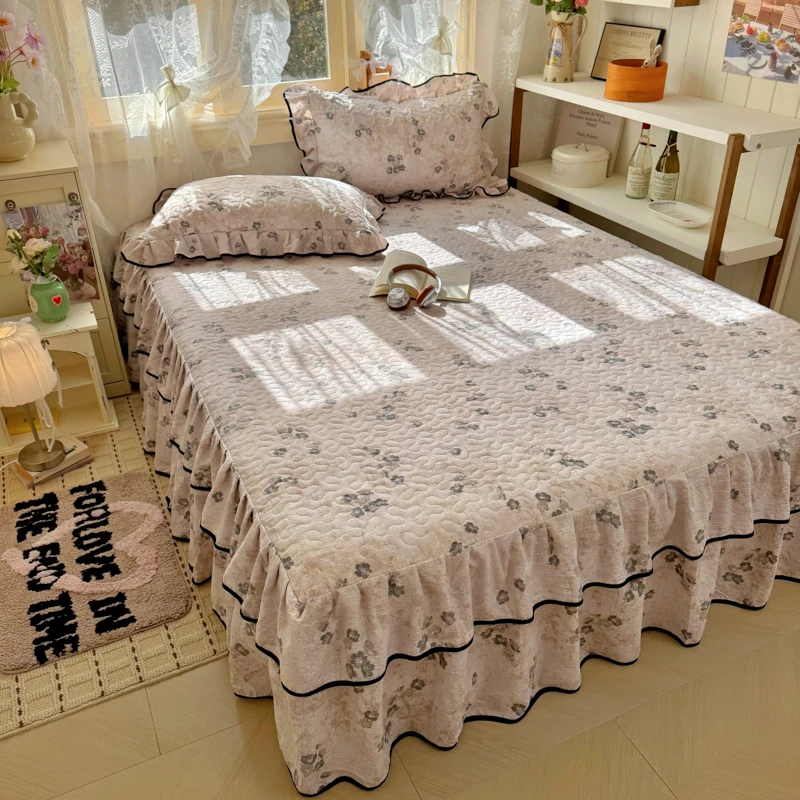 1pc Quilted Bed Skirt Flower Printed Bed Cover with Ruffles 침대스커트 Queen/King Size Floral Style Bed Linen (Pillowcase Need Order)