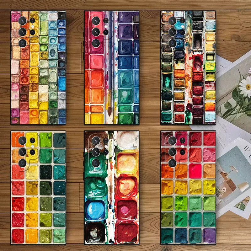 Watercolors Set Paint Palette Soft Phone Case for Samsung Galaxy S26 S25 Edge S24 Ultra S23 Plus S22 S21 FE S20 Black Cover Back