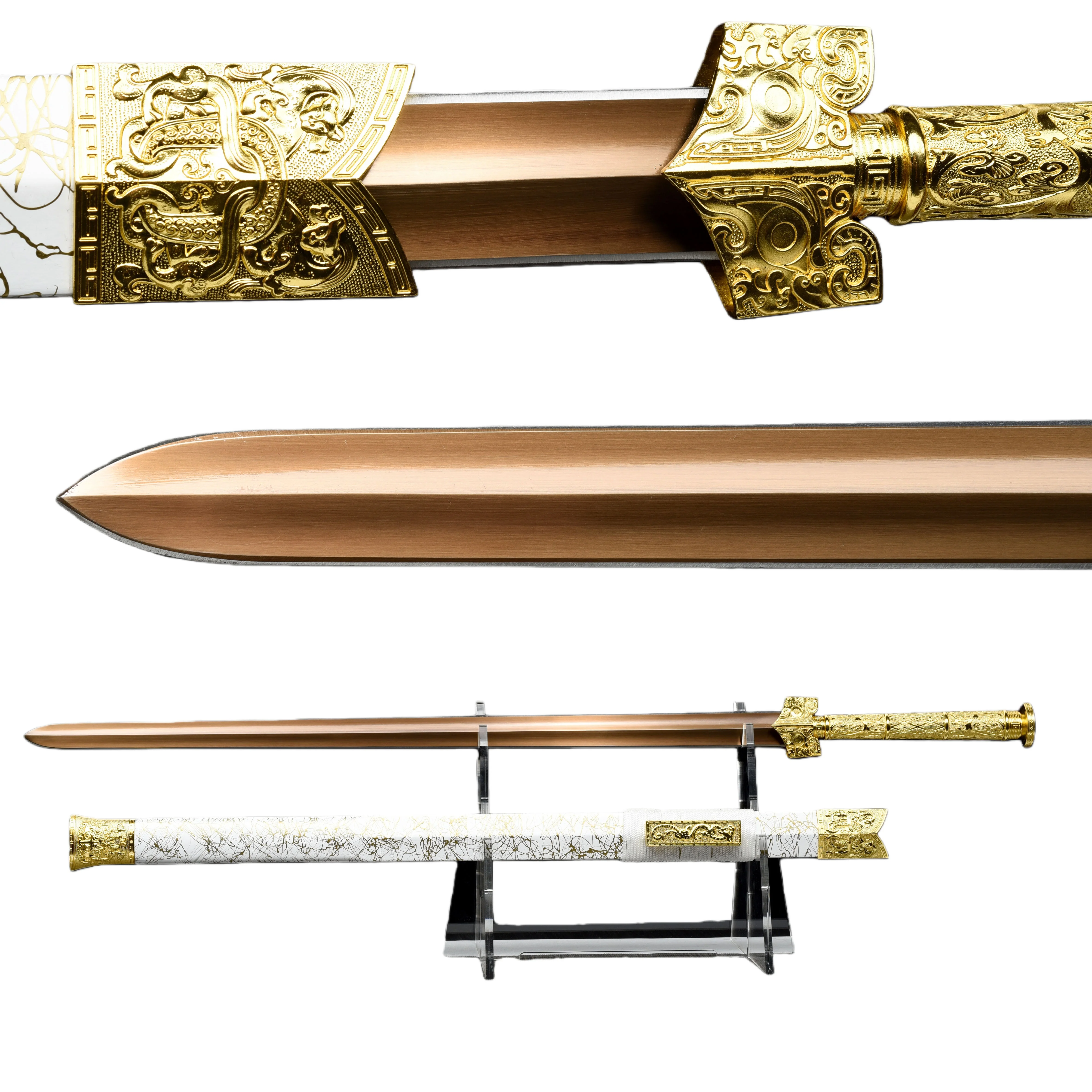 

108cm medieval golden samurai sword with double tile surface blood slot design, Royal knight combat ready sharp katana full-hand