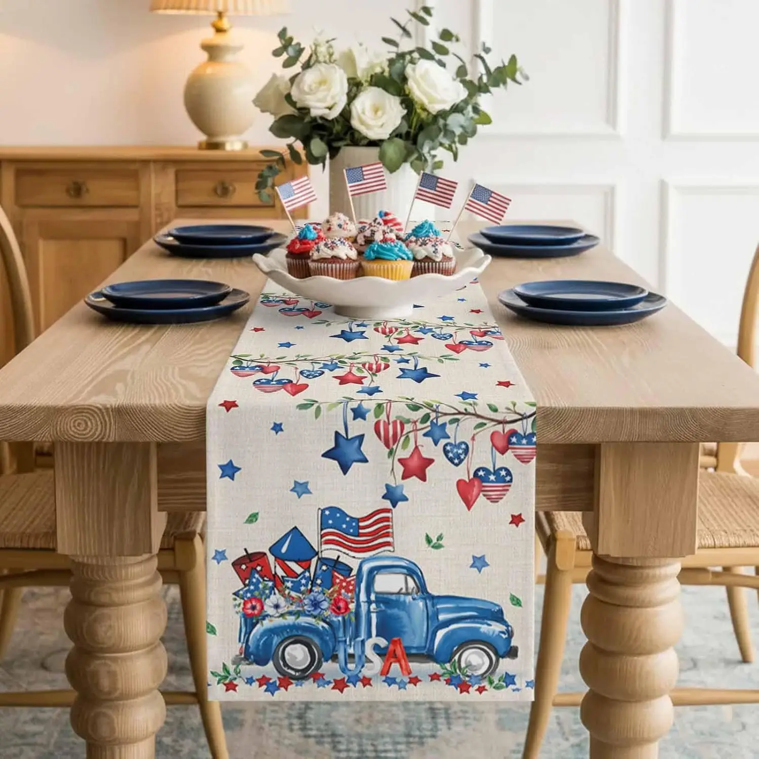 American Flag Truck Independence Day Linen Table Runner Home Table Decor Reusable Kitchen Dining Table Runner Party Decor