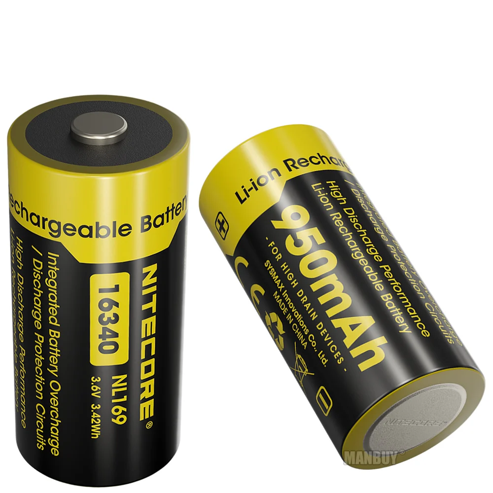 Nitecore NL169 x2Pieces torcia regalo gratuita 950mAh 3.6V 3.42Wh protetta al litio ricaricabile RCR123A 16340 18350 batteria agli ioni di litio