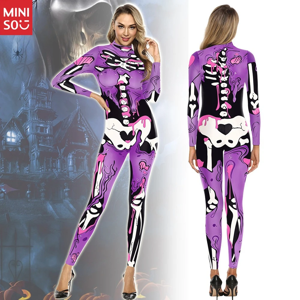 

Minisio Halloween Skeleton Digital Print Women's Tight Long-sleeved Jumpsuit Cosplay Costume