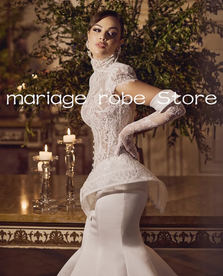 high neck long mermaid wedding dresses corset top lace peplum remove gloves garden church bridal gown garement customsized