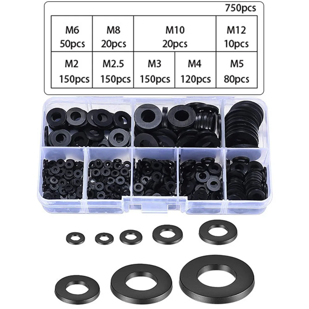 750-Piece Set of Black Nylon Gaskets, M2-M12 Round Nylon Gaskets, Suitable for High Temperature and Dielectric Insulation.