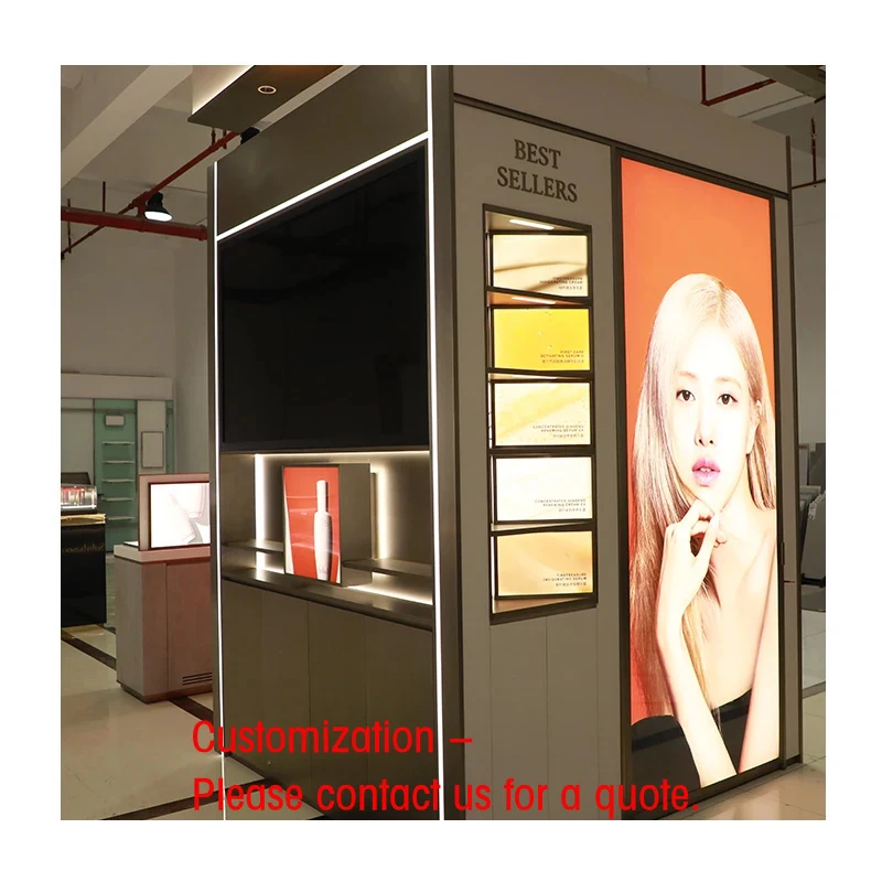 

custom.Custom LED Cosmetic Shopping Mall Kiosk Display Wall Storage Shelf Perfume Gondola Display Counter