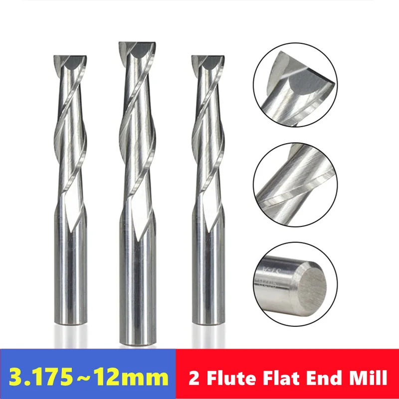 Fresa de corte plano de 2 flautas, vástago de 3.175/4/6/6,35/8/10/12mm, broca de grabado enrutador CNC de carburo, fresa de MDF de PVC para madera 