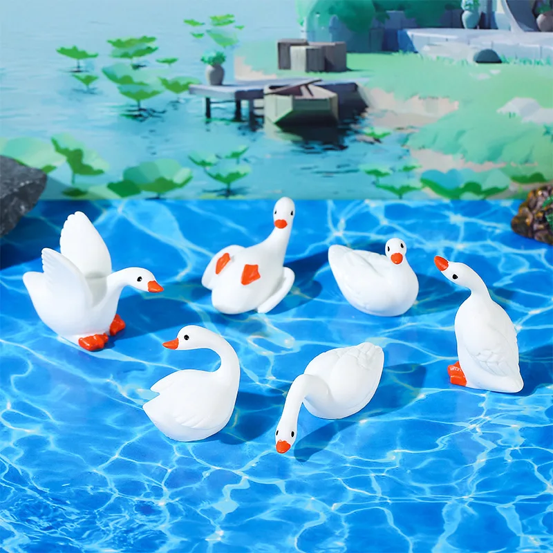 6pcs Goose Figurines Cartoon Goose Ornament Miniature Animal Fairy Garden Dollhouse Micro Landscape Desktop Decor Craft