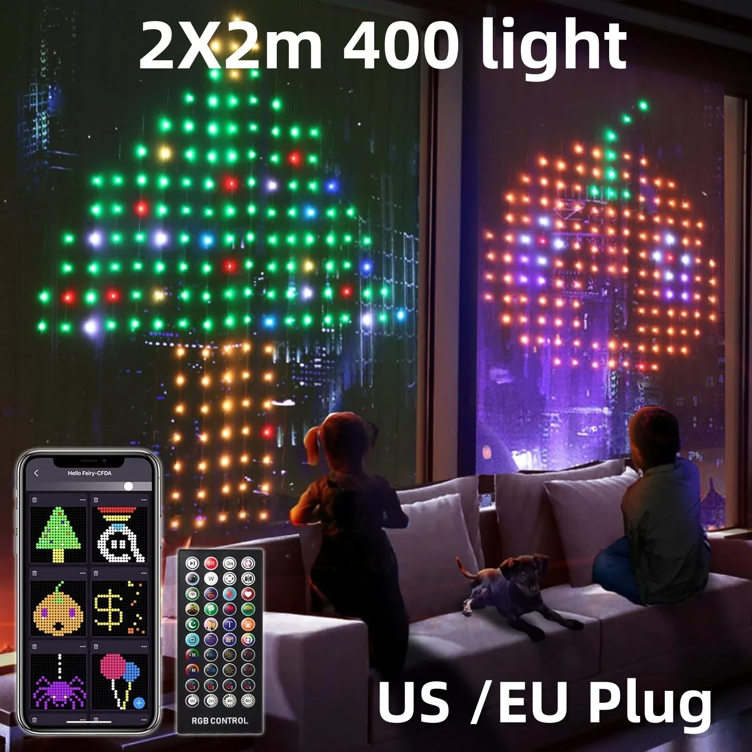 Rideau Lumineux Intelligent à 400 LED de 2m x 2m, Guirxiété Lumineuse, Décoration de ixde Noël, Diviseur Musical à Distance avec Application Bluetooth