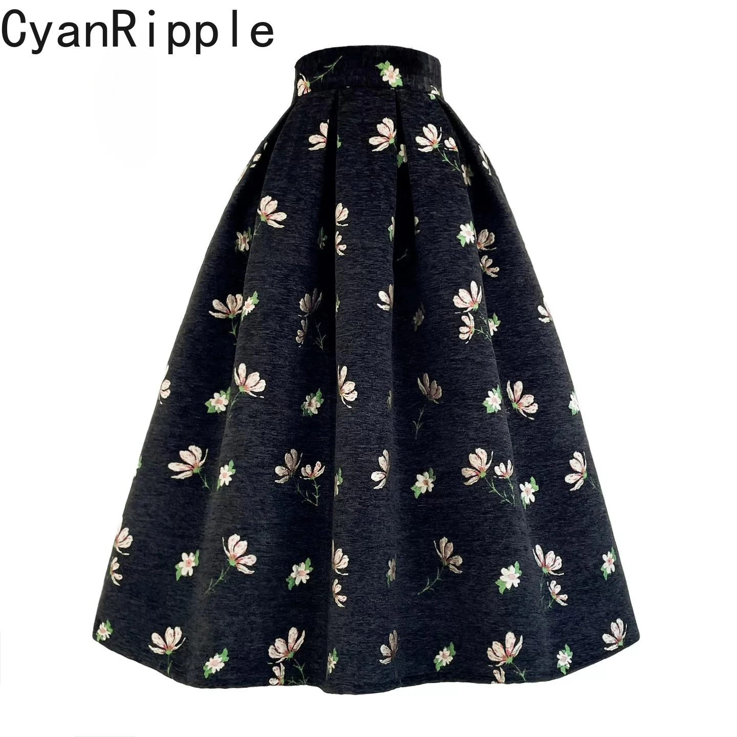 High Quality New Autumn Winter Floral Embroidery Black Fluffy Skirt Elegant High Waist All-match Mid-length Women A-line Skirts