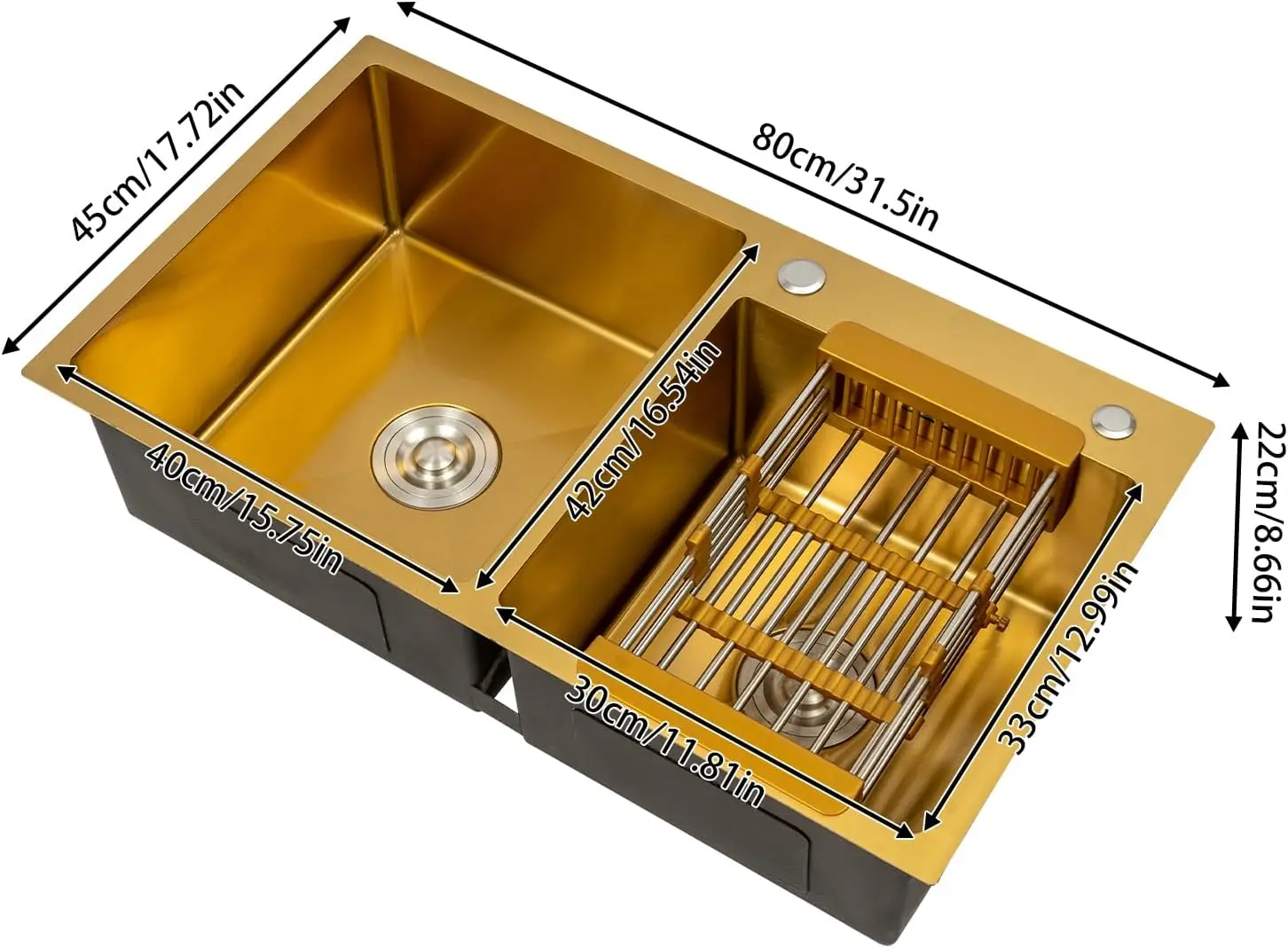 حوض مطبخ مزدوج الوعاء، حوض مطبخ من الفولاذ المقاوم للصدأ، حوض مطبخ ذهبي، أحواض مطبخ من الفولاذ المقاوم للصدأ مثبتة على الأعلى 31.5X17.72X8.6