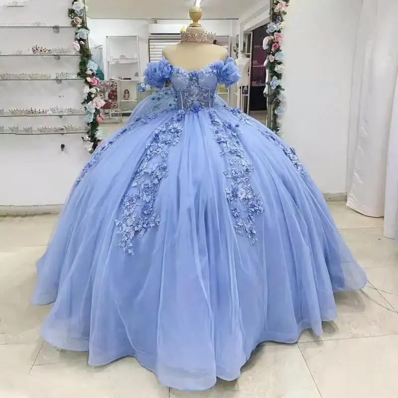 

Customized Attractive Sky Blue Quinceanera Dresses Illusion Off the Shoulder Ball Gowns for Teens Sweet Princess Corset Party