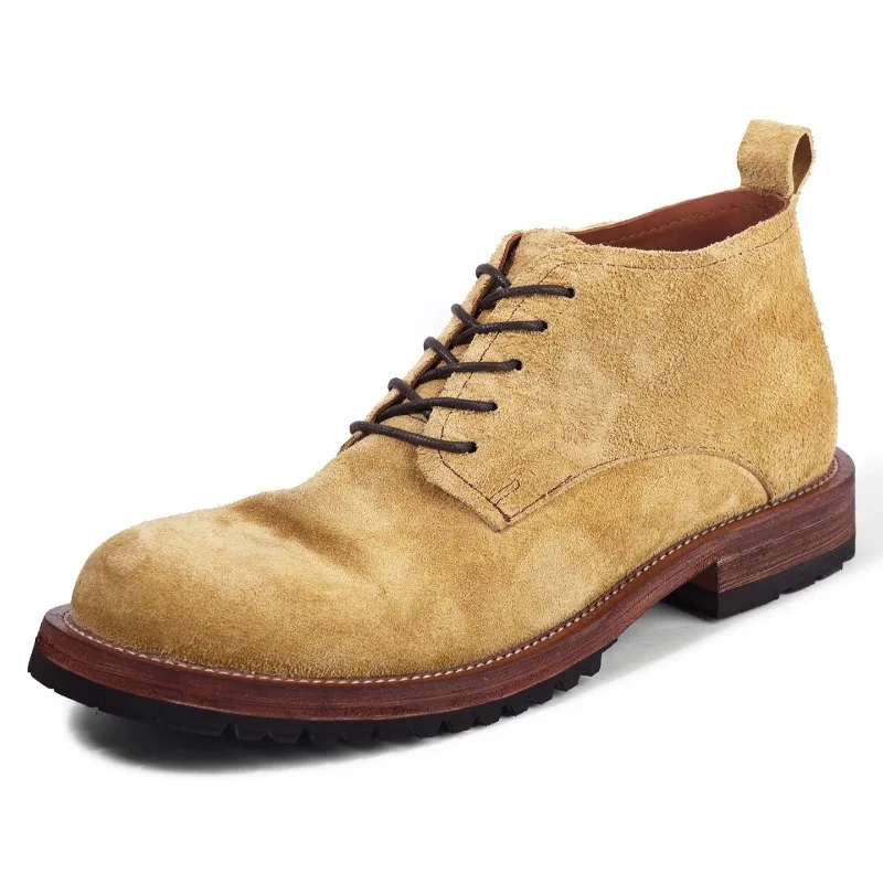 Handcrafted Cow Suede Desert Ankle Boots Men Lace-up Thick Sole Genuine Leather Casual Outdoor Walking Motorcycle Boots Male
