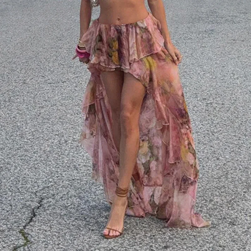 

Boho Floral Print Irregular Long Skirt Holiday Party Retro French Style A-line Ruffle Maxi Skirts Coquette Holiday
